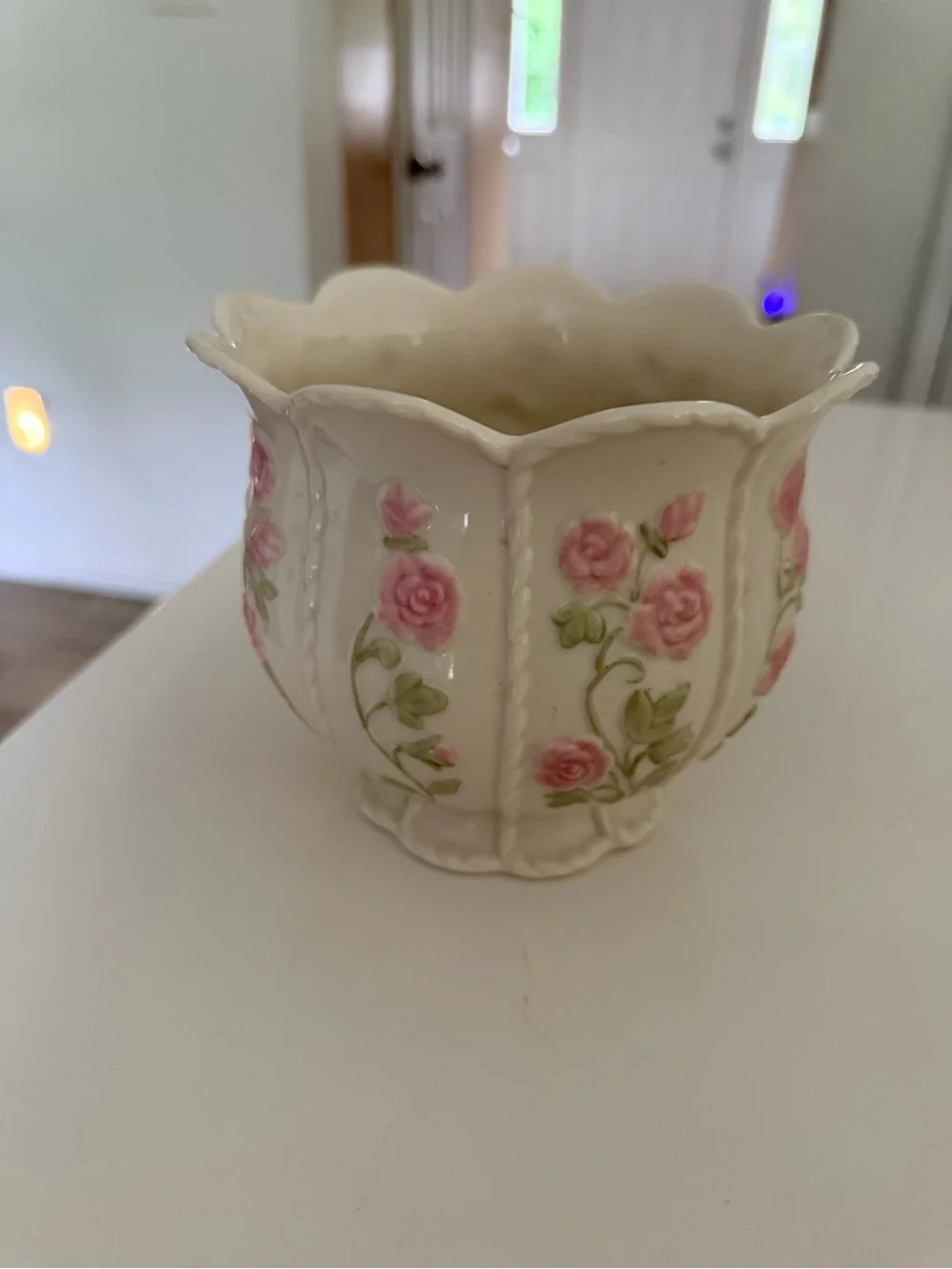Lenox Cream Porcelain Floral Planter with Pink Roses